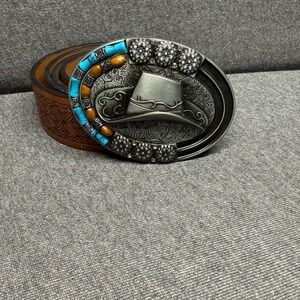 Western Cowboy Belt Tooled Leather Turquoise Buckle Brown Unbranded 45
